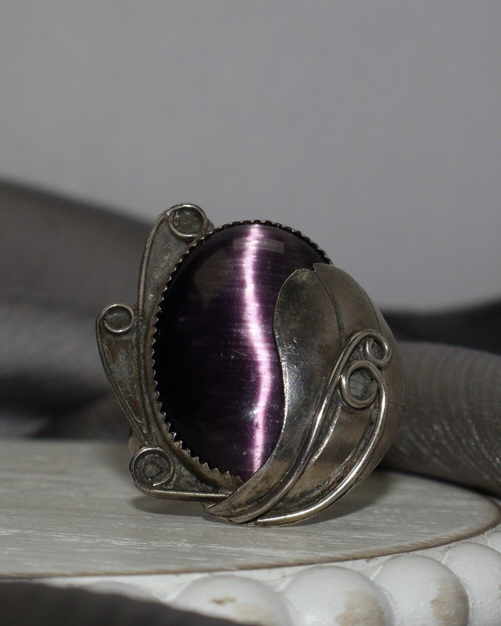 Navajo MC Sterling Silver Amethyst Cat Eye Ring 11.6G / Sz 8